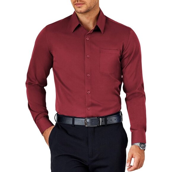 Wine Red Men Short Sleeve Button Down Untucked Dress Wrinkle Free Shirt - Picture 1 of 6
